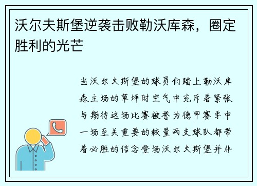 沃尔夫斯堡逆袭击败勒沃库森，圈定胜利的光芒